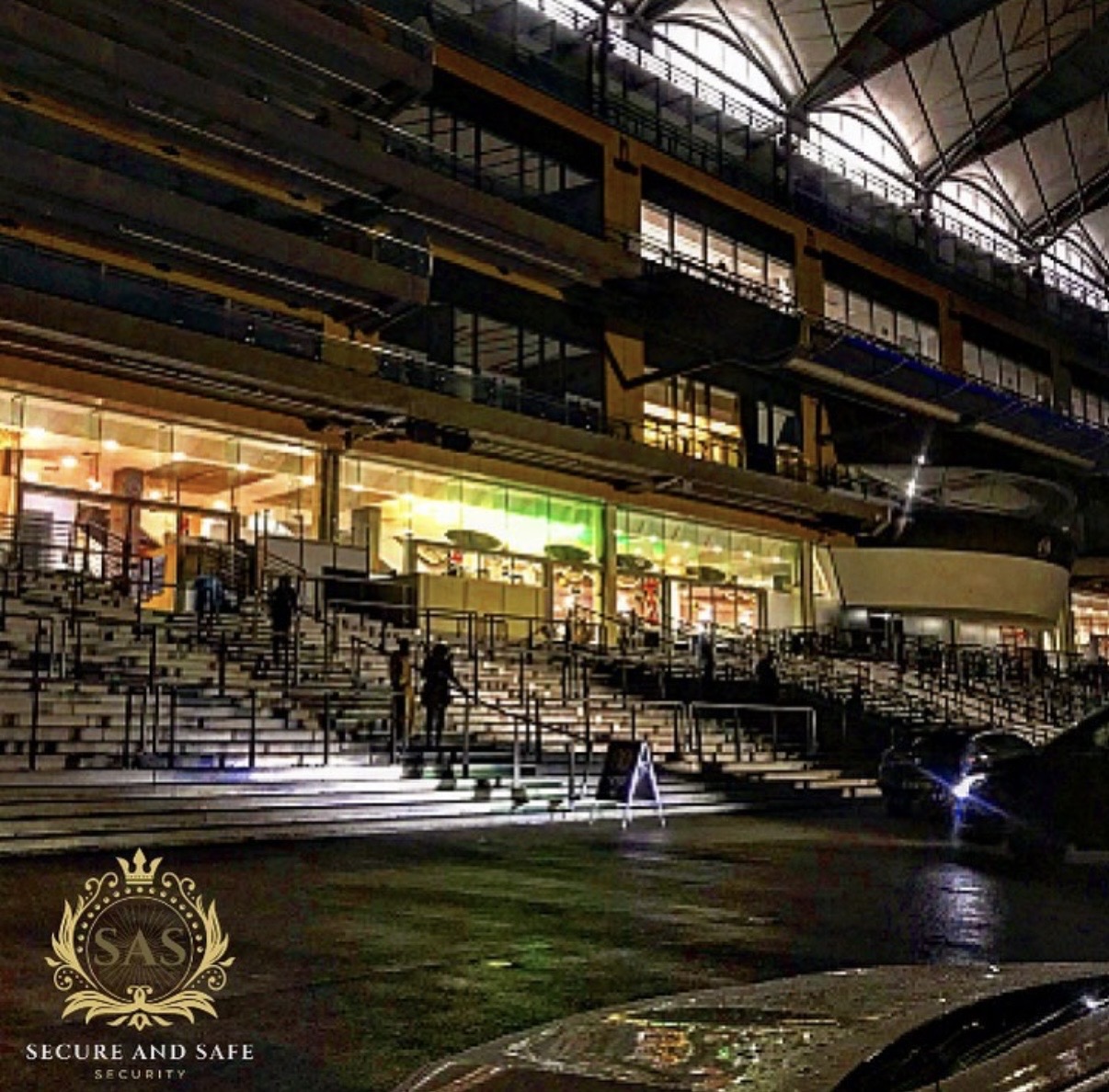 Evening view of a venue with SAS branding